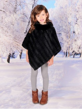 Kids Soft Faux Fur Poncho W/  Weave Pattern and Faux Fur Neckline (3-7 Years Old) 